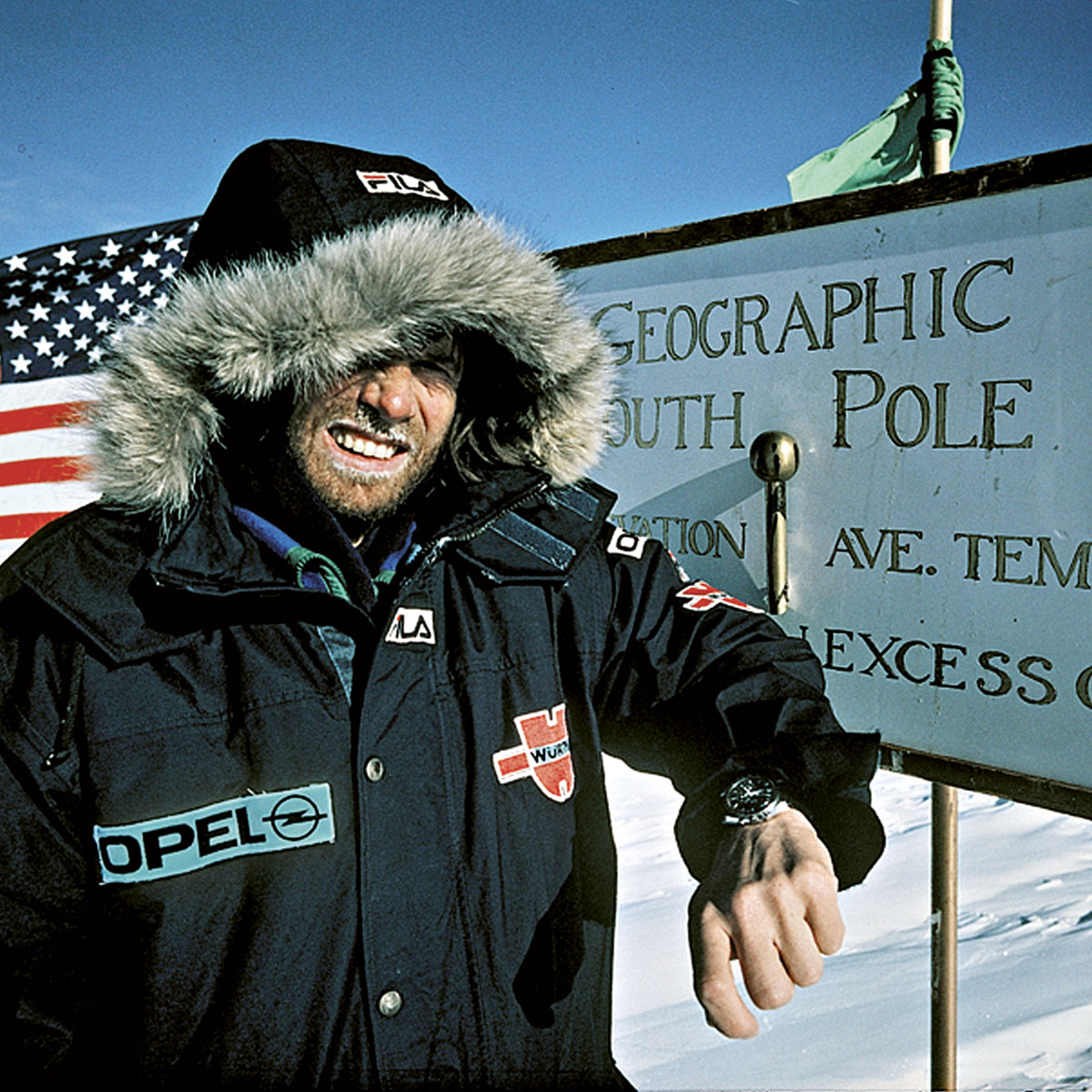 Reinhold Messner at the South Pole with his OMEGA watch