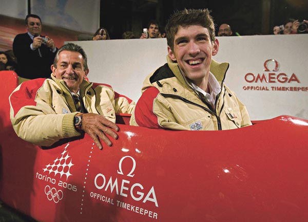 Michael Phelps in a bobsleigh in Turin 2006